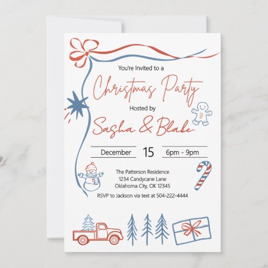 Invitation Coquette Rustic Red & Blue Christmas Party (Devant)