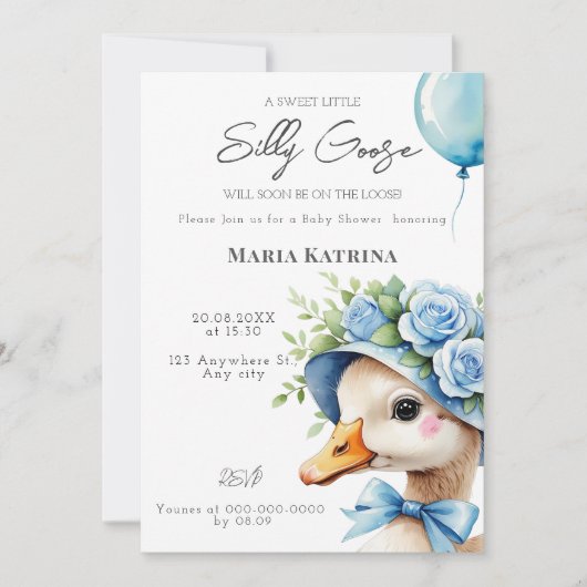 Invitation Coquette Silly Goose Blue Bow Baby shower (Devant)