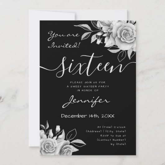 Invitation Coquette Silver Sweet 16 Floral Glam Black (Devant)