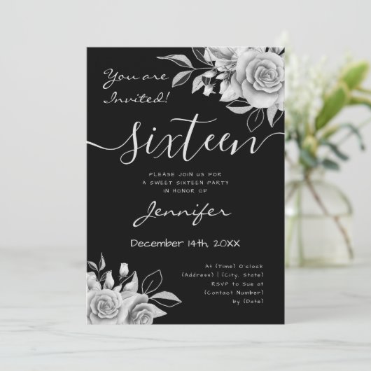 Invitation Coquette Silver Sweet 16 Floral Glam Black (Debout devant)
