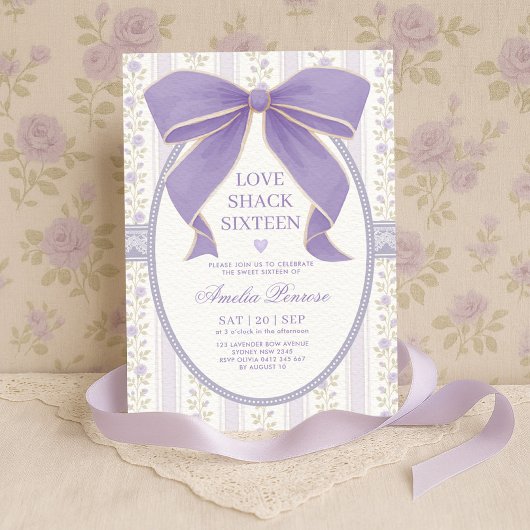 Invitation Coquette Sweet 16 Purple Bow Floral Anniversaire