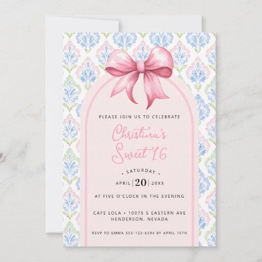 Invitation Coquette Sweet 16 Ruban Rose (Devant)