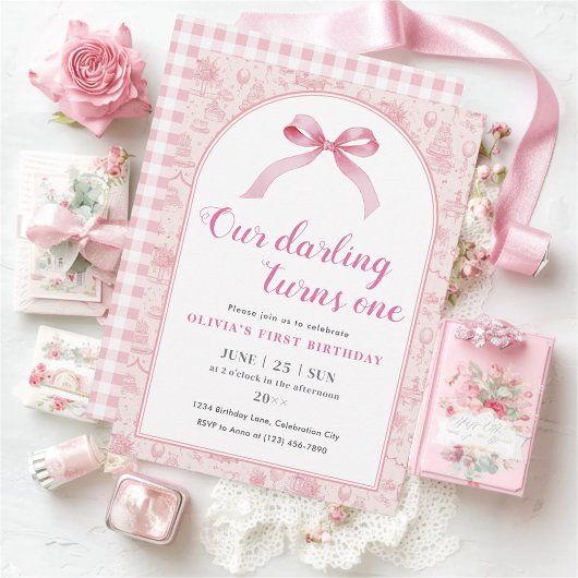 Invitation Coquette Toile rose Bow 1er anniversaire fille