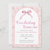 Invitation Coquette Toile rose Bow 1er anniversaire fille (Devant)
