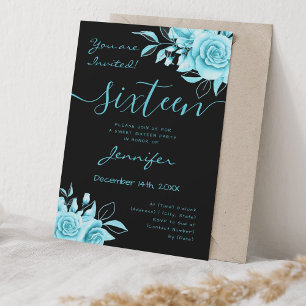 Invitation Coquette Turquoise Sweet 16 Floral Glam Black