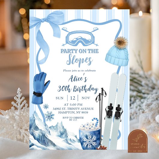 Invitation Coquette Winter Blue pastel Ski birthday