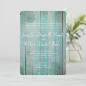 Invitation Coquillage bleu sur Wood Beach Mariage (Debout devant)
