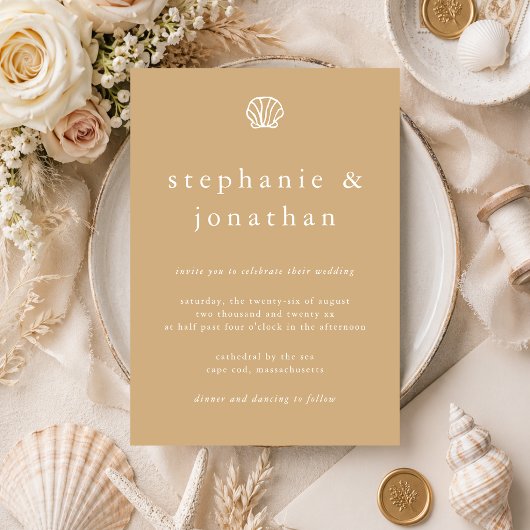 Invitation Coquillage de mer Sable de plage Brun Minimal Mari