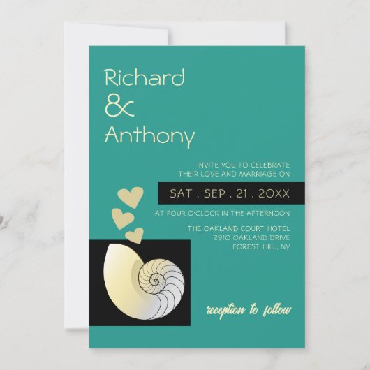 Invitation Coquillage et Coeurs, Mariage plage (Devant)