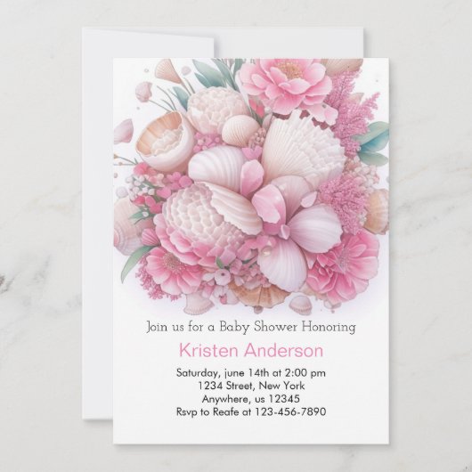 Invitation Coquillage rose Oasis Adventure Girl Baby shower (Devant)