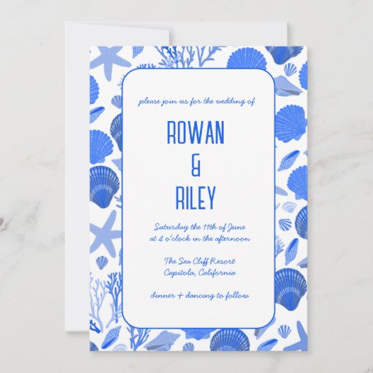 Invitation Coquillages bleus motif chic fête de mariage de pl (Devant)