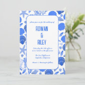 Invitation Coquillages bleus motif chic fête de mariage de pl (Debout devant)