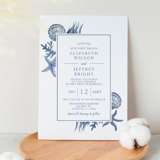 Invitation Coquillages bleus rustiques Marine Ocean Beach Mar