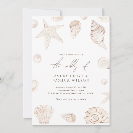 Invitation Coquillages d'aquarelle et perles Mariage nautique (Devant)