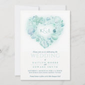 Invitation Coquillages de mer aquarelle coeur plage aqua (Devant)