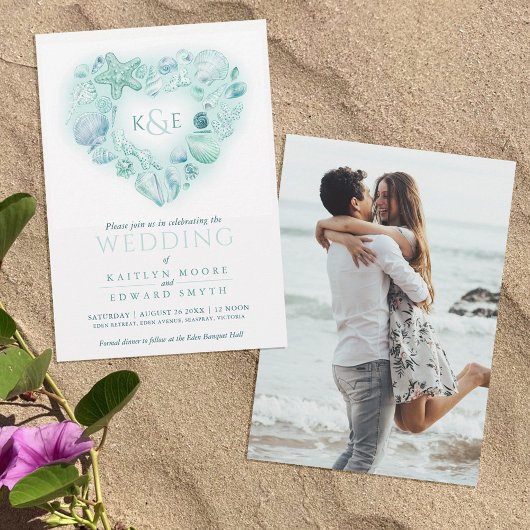 Invitation Coquillages de mer aquarelle coeur plage aqua