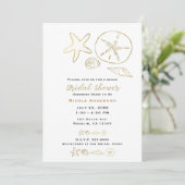 Invitation Coquillages de mer aspect feuille d'or Chic douche (Debout devant)