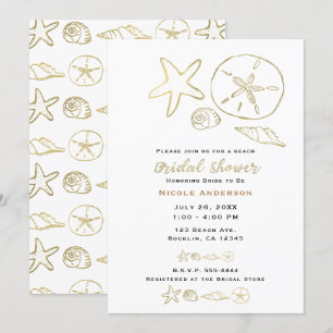 Invitation Coquillages de mer aspect feuille d'or Chic douche
