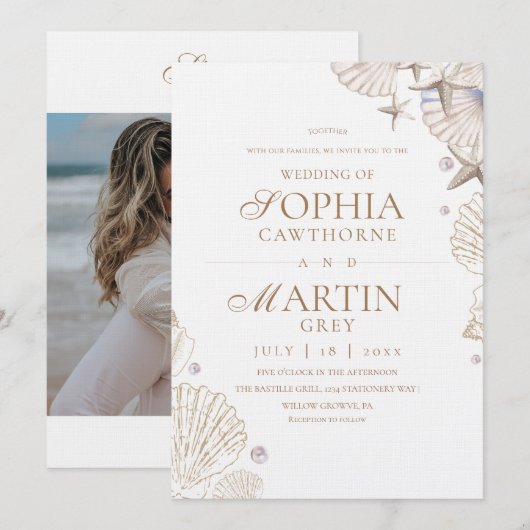 Invitation Coquillages de mer côtière Photo de mariage sur la (Devant / Derrière)