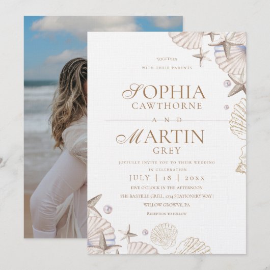 Invitation Coquillages de mer côtière Photo de mariage sur la (Devant / Derrière)