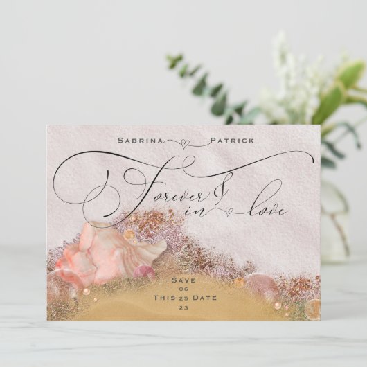 Invitation Coquillages de plage de sable rose Amour éternel (Debout devant)