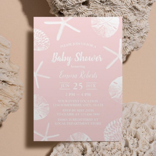 Invitation Coquillages De Plage Elégant Baby shower Rose-Clou
