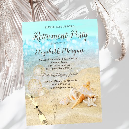 Invitation Coquillages de plage Sable Ballons, Vin Retraite
