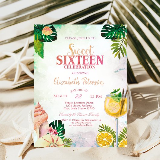 Invitation Coquillages Feuille Palm Cocktail Summer Sweet 16