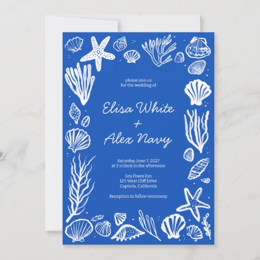 Invitation Coquillages Frame Beach Wedding Blue CUSTOM (Devant)