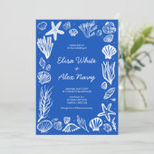 Invitation Coquillages Frame Beach Wedding Blue CUSTOM (Debout devant)