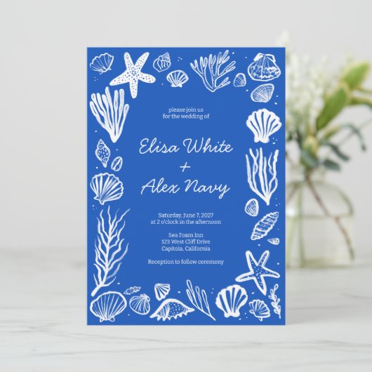 Invitation Coquillages Frame Beach Wedding Blue CUSTOM (Debout devant)