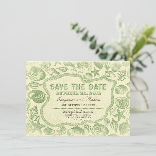 Invitation coquillages mariage vert plage enregistrer la date (Debout devant)