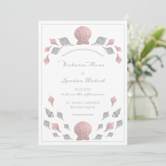 Invitation Coquillages métalliques rose Argent Plage Mariage (Debout devant)