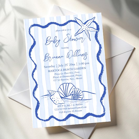 Invitation Coquillages ondulé bordure bleu rayures baby showe