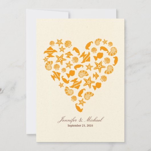 Invitation Coquillages & Starfish Coeur Eté Plage Mariage (Devant)