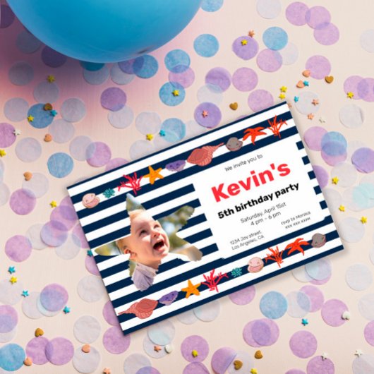 Invitation Coquillages, Starfish & Coral sur les rayures naut