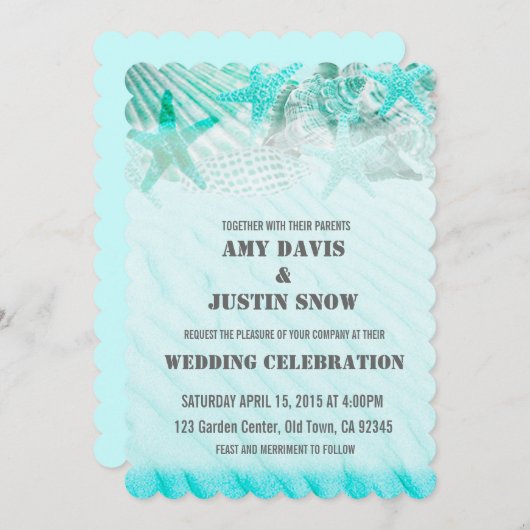 Invitation Coquillages turquoise sable étoile mariage invite (Devant / Derrière)