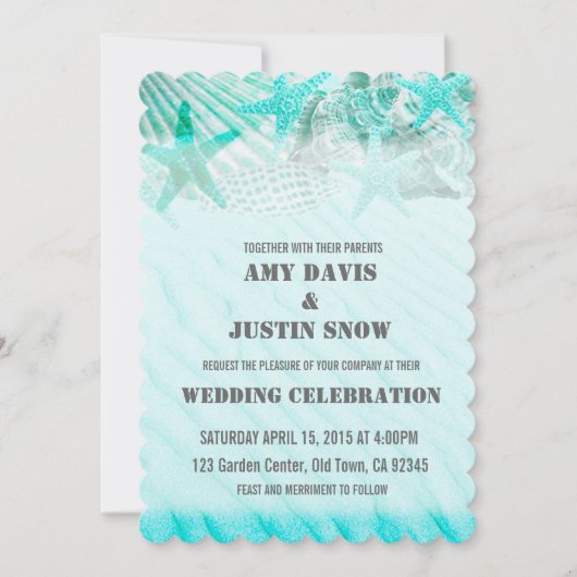 Invitation Coquillages turquoise sable étoile mariage invite (Devant)