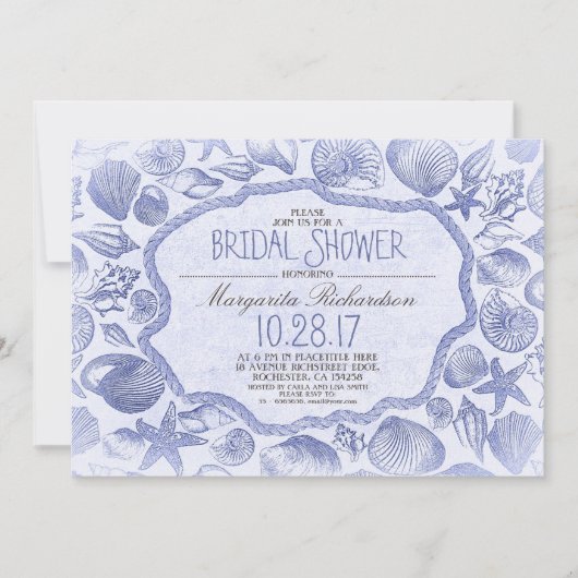 Invitation Coquillages vintages plage nautique douche nuptial (Devant)