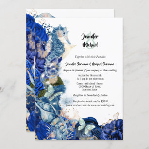 Invitation Coquille marine bleu orangé papillon chic
