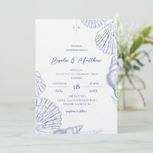 Invitation Coquilles Bleues et Blanches Mariage Élégant de St