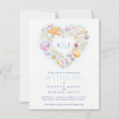 Invitation Coquilles de mer aquarelle coeur plage bleu (Devant)