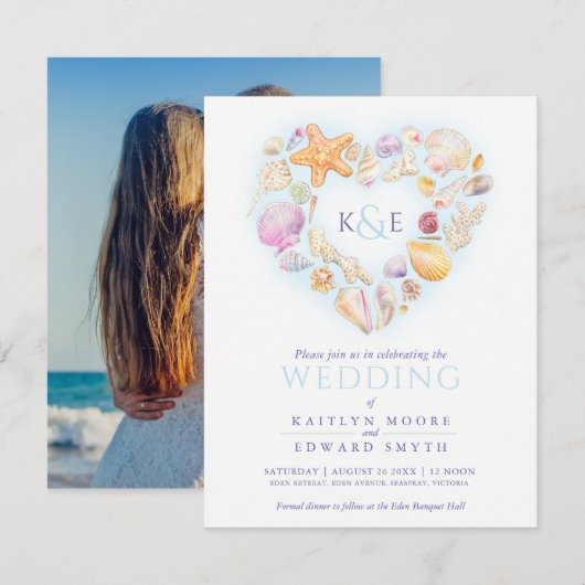 Invitation Coquilles de mer aquarelle coeur plage bleu (Devant / Derrière)