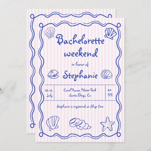 Invitation Coquilles de mer griffées à la main bachelorette r (Devant / Derrière)