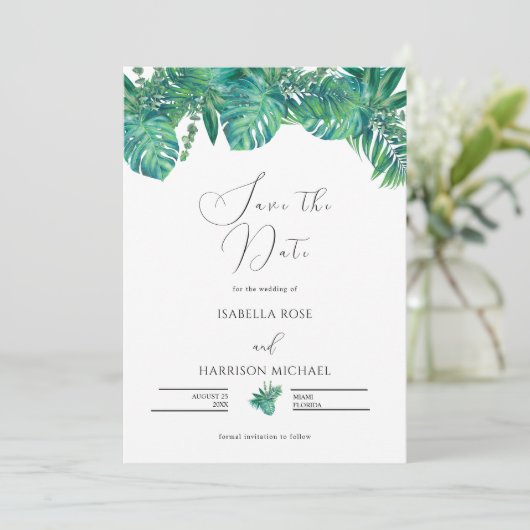 Invitation CORA Tropical Beach Palm Leaf Save the Date  (Debout devant)