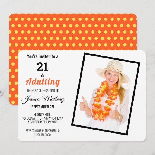 Invitation Corail 21 & Adulte 21ème fête d'anniversaire (Devant / Derrière)