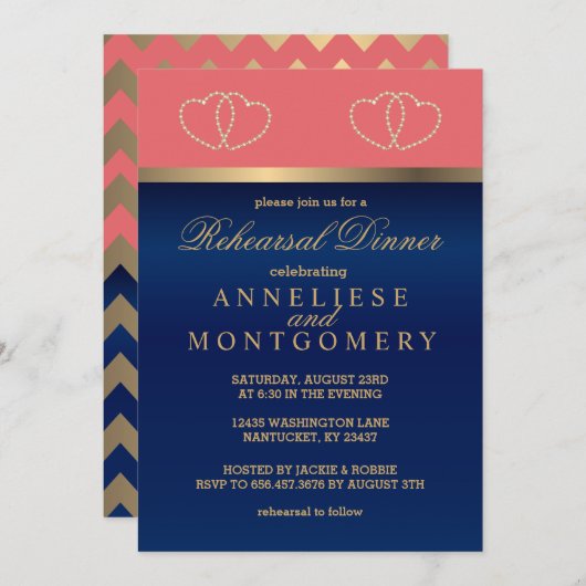 Invitation Corail and Navy, Gold Hearts - Dîner de répétition (Devant / Derrière)