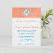 Invitation Corail, Aqua Blue, Gris Damask Monogramme Invitati (Debout devant)