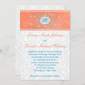 Invitation Corail, Aqua Blue, Gris Damask Monogramme Invitati (Devant / Derrière)