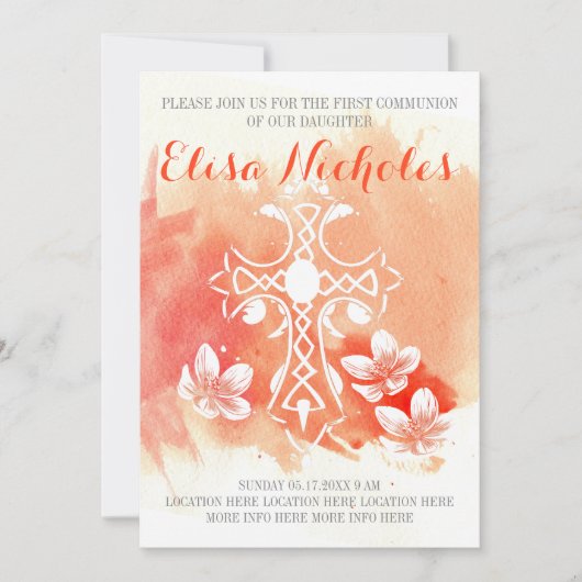 Invitation Corail aquarelle croix florale Première sainte com (Devant)